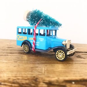 Vintage bedford school bus with bottle brush tree